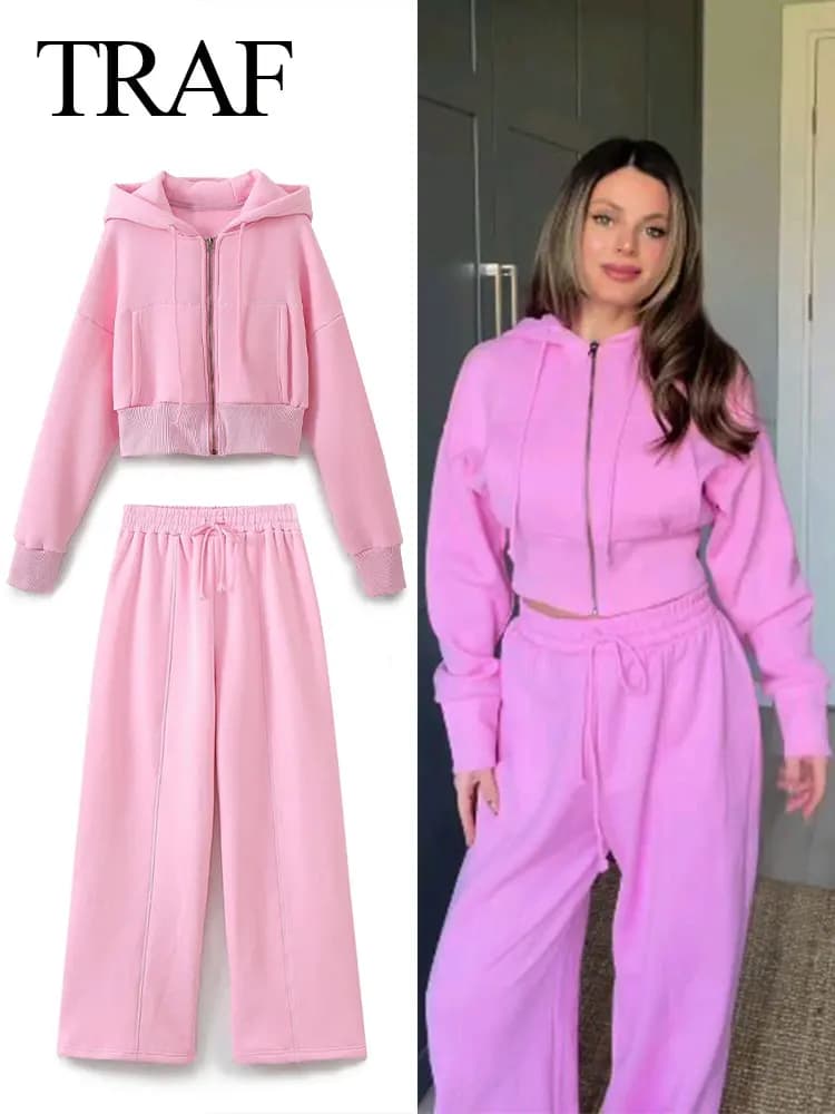 TRAFZA Spring New 3 Piece Pants Set For Woman 2025 Solid Causal Tube Top + Long Sleeve Hooded Coat + Elastic Waist Long Pant