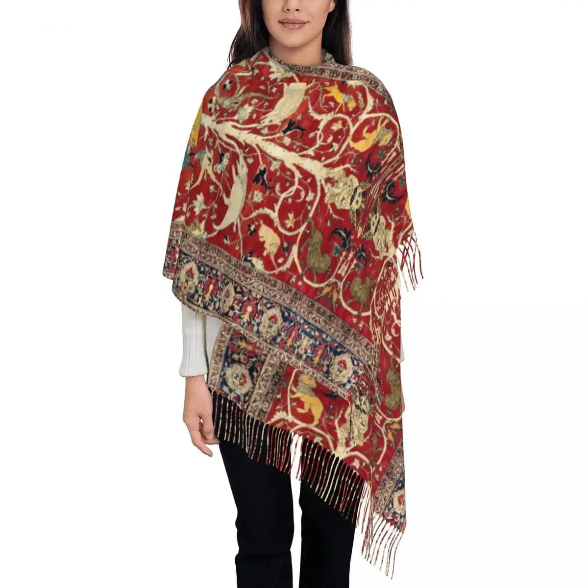 Female Long Bohemian Silk Antique Persian Rug Scarves Women Winter Thick Warm Tassel Shawl Wraps Turkish Ethnic Kilim Scarf