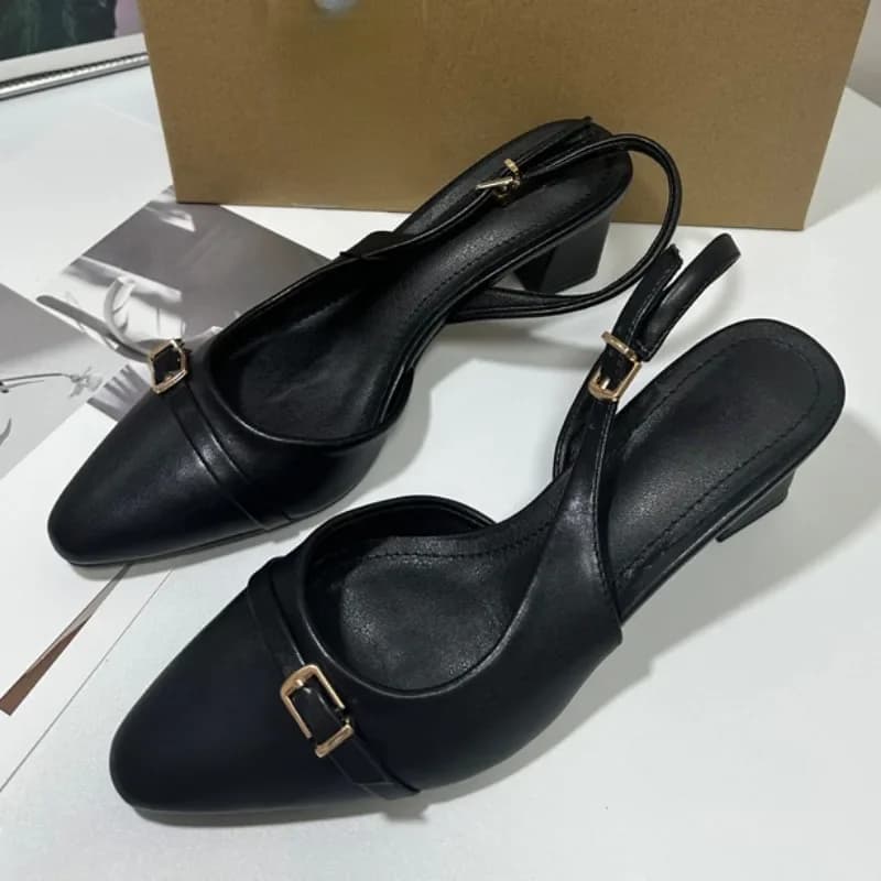 Black Women Summer Sandals 2024 New Fashion Buckle Casual Comfortable leather High Heeled Office Female Slingback Shoes