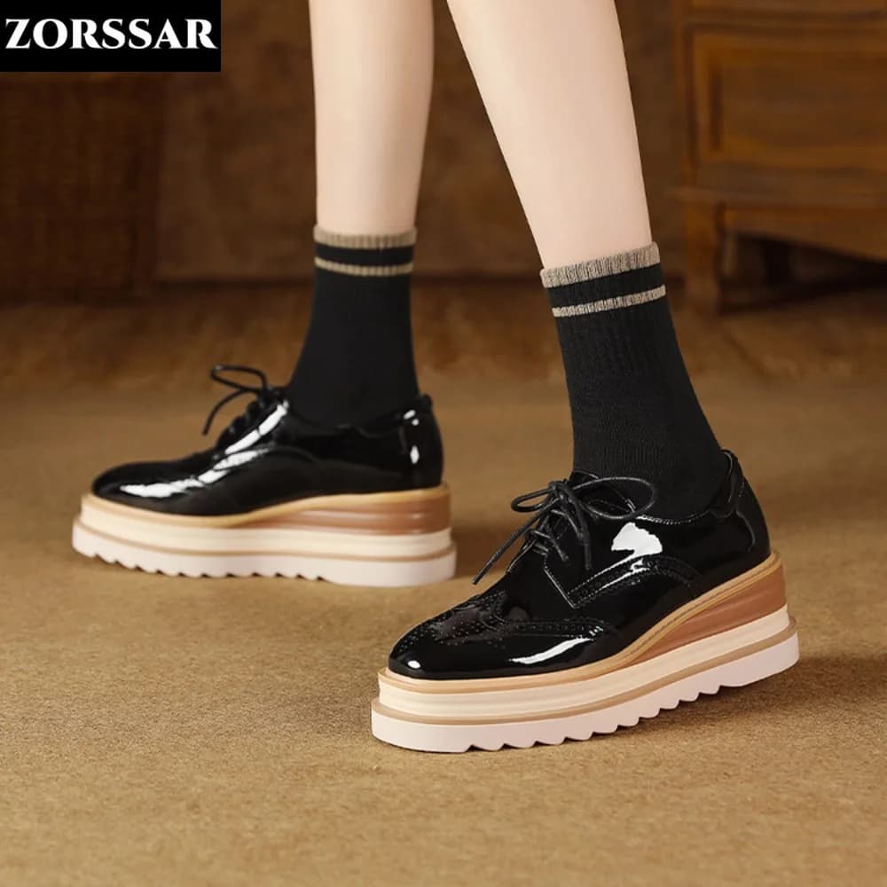 2024 Spring New Women Oxford Flats Genuine Leather Comfort Lady Brogue Derby Polish Designer Flat Platform Casual Shoes Sneakers