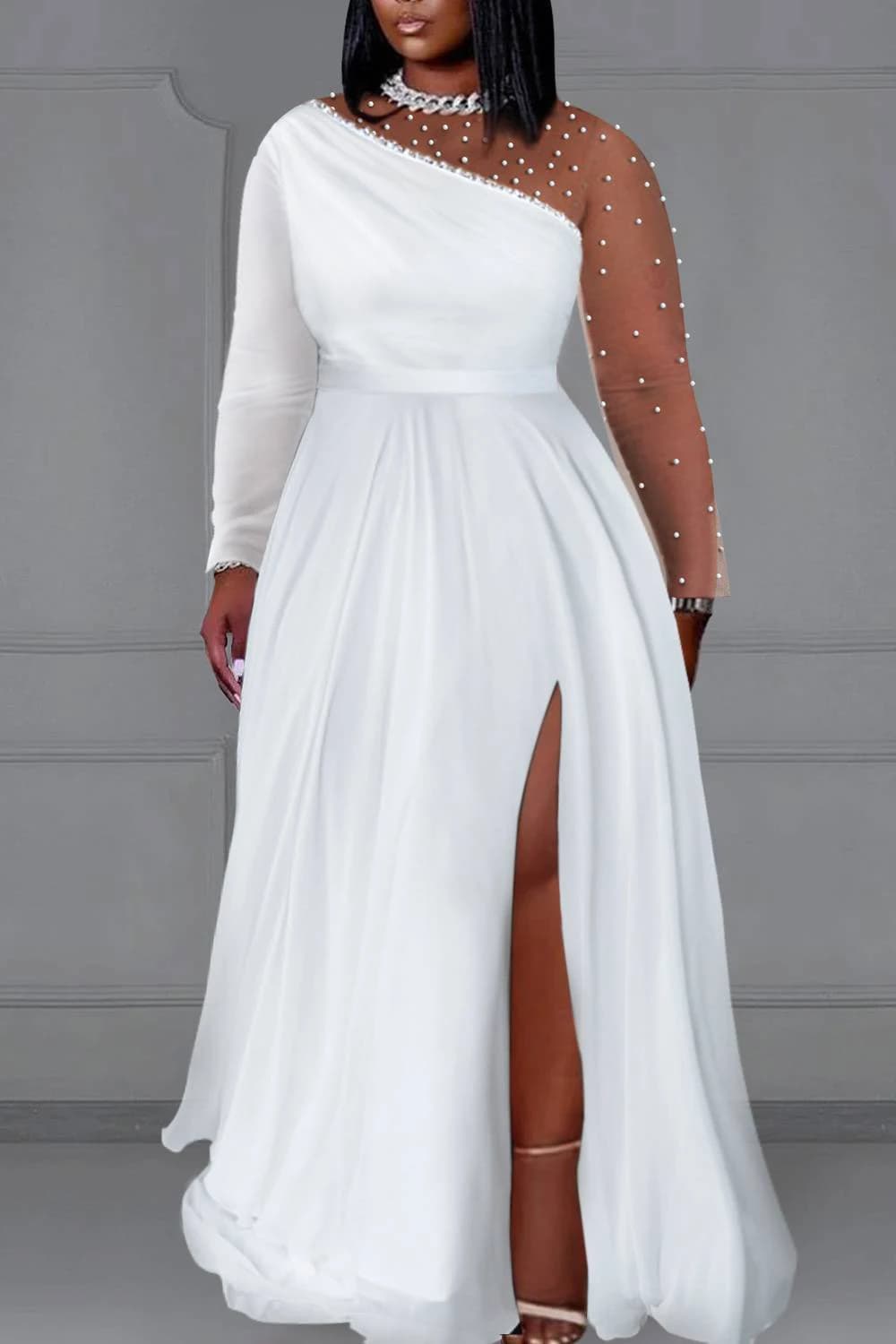 Plus Size Women's Wedding Party Dress White Round Neck Long Sleeve Split Pearls Maxi Dresses One Shoulder Elegant New Dresss