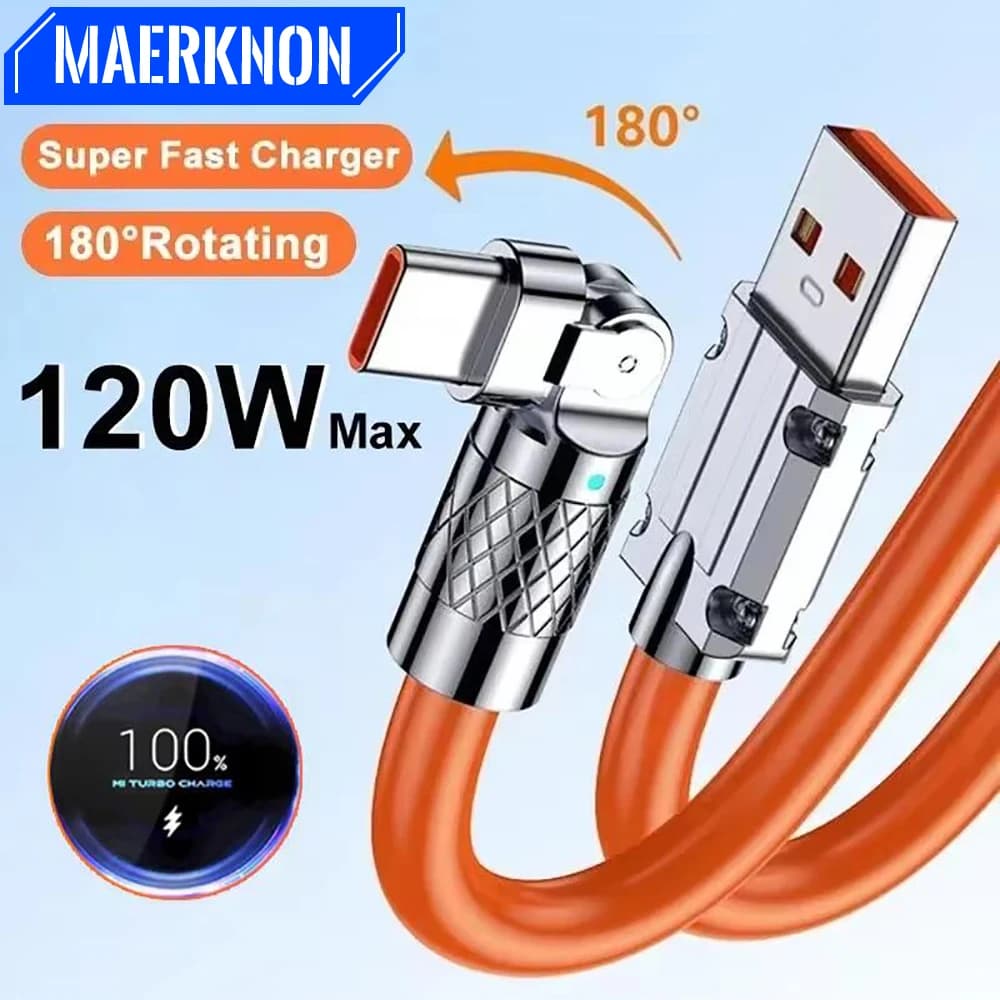 180 Degree Rotation Elbow USB C Cable 120W 6A Fast Charging Phone Charger Date Cord For iPhone Samsung Xiaomi Quick Charge Cable