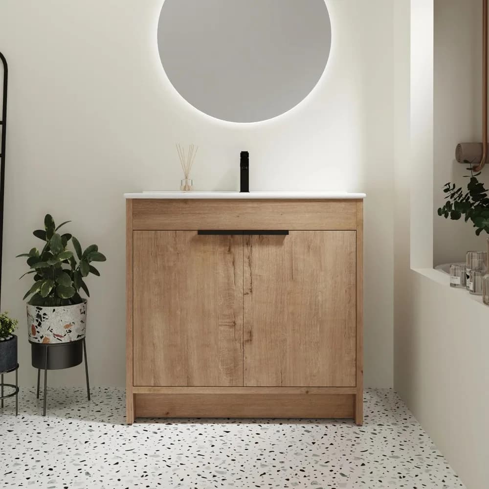 Bathroom Vanity with Sink Mid-Century Bathroom Vanities with Top Basin Floor Wood Bathroom Sink Cabinet with