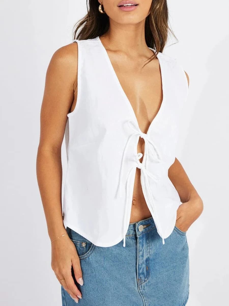 Women Sexy Deep V Neck Vest Summer Y2K Sleeveless Front Bow Lace Up Waistcoat Vintage Open Front Cardigan Tank Top Streetwear