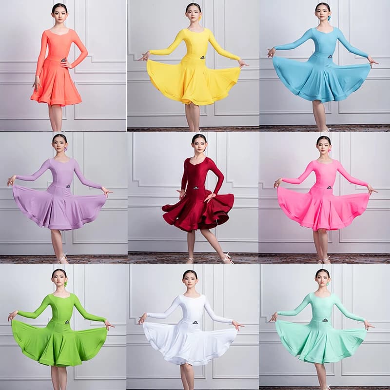 Girls Latin Dance Competition Costume Kids Long Sleeve Performance Suit ChaCha Dance Dresses Rumba Samba Practice Wear YS5064