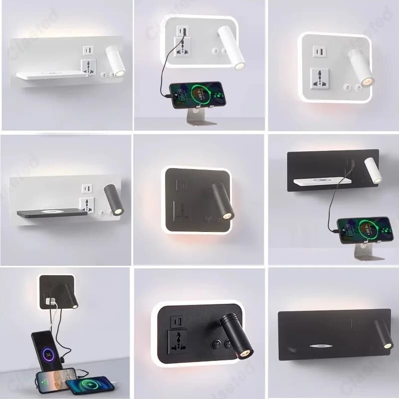 LED Wireless Charging Rotatable Wall Light USB Charging Port Bedside Reading Light Study Living Room Multifunctional Wall Light