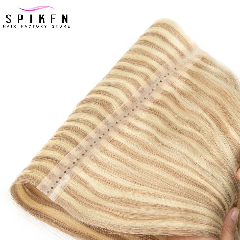 SPIKFN Double Inject PU Hole Weft Human Hair 12" 16" 20" 24" Invisible Micro Loop XO Weft Hair Bundles Straight Weft Hair