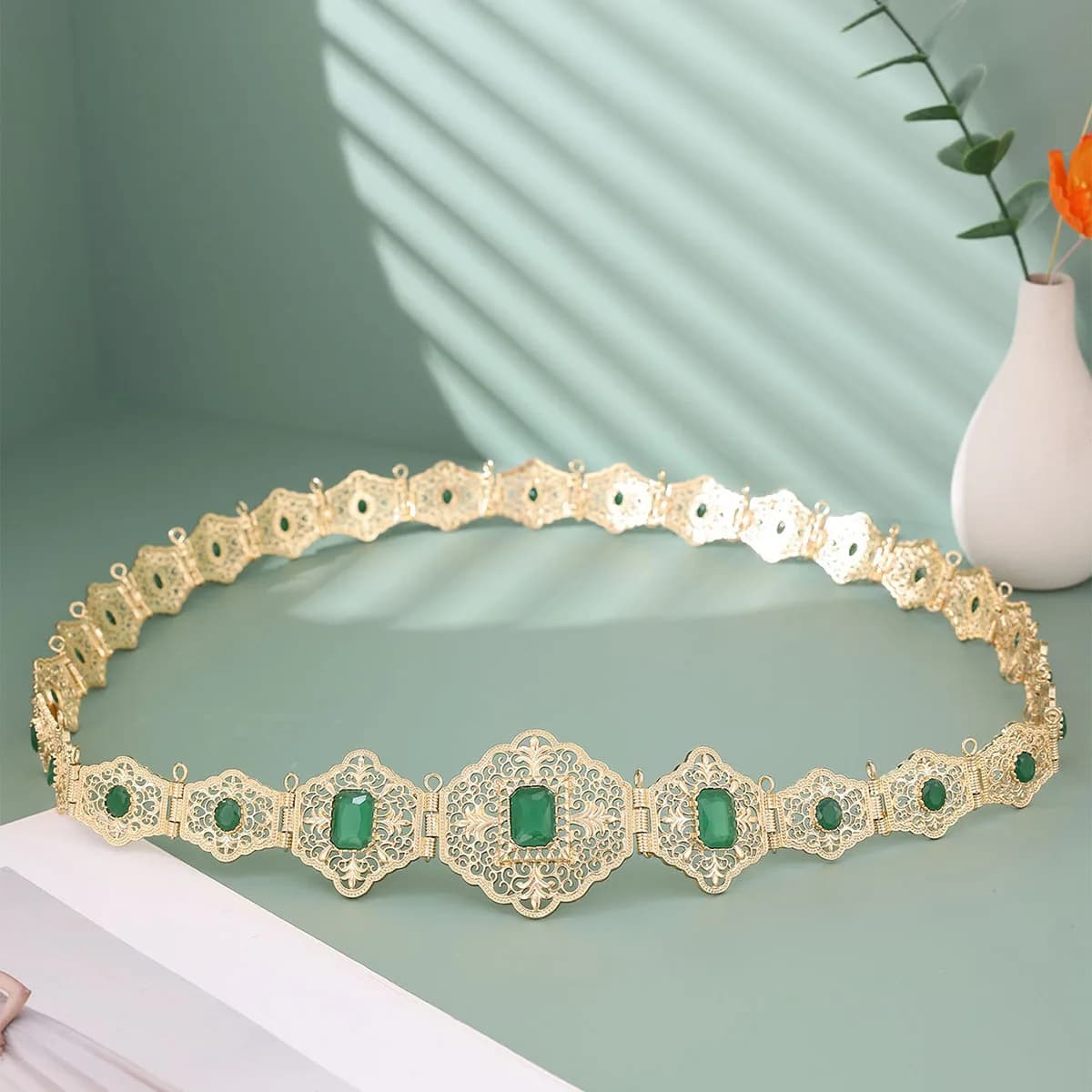 Chic Morocco Bride Jewelry Women Caftan Belt Gold Color Crystal Wedding Dress Flower Waist Chain Algeria Body Jewelry