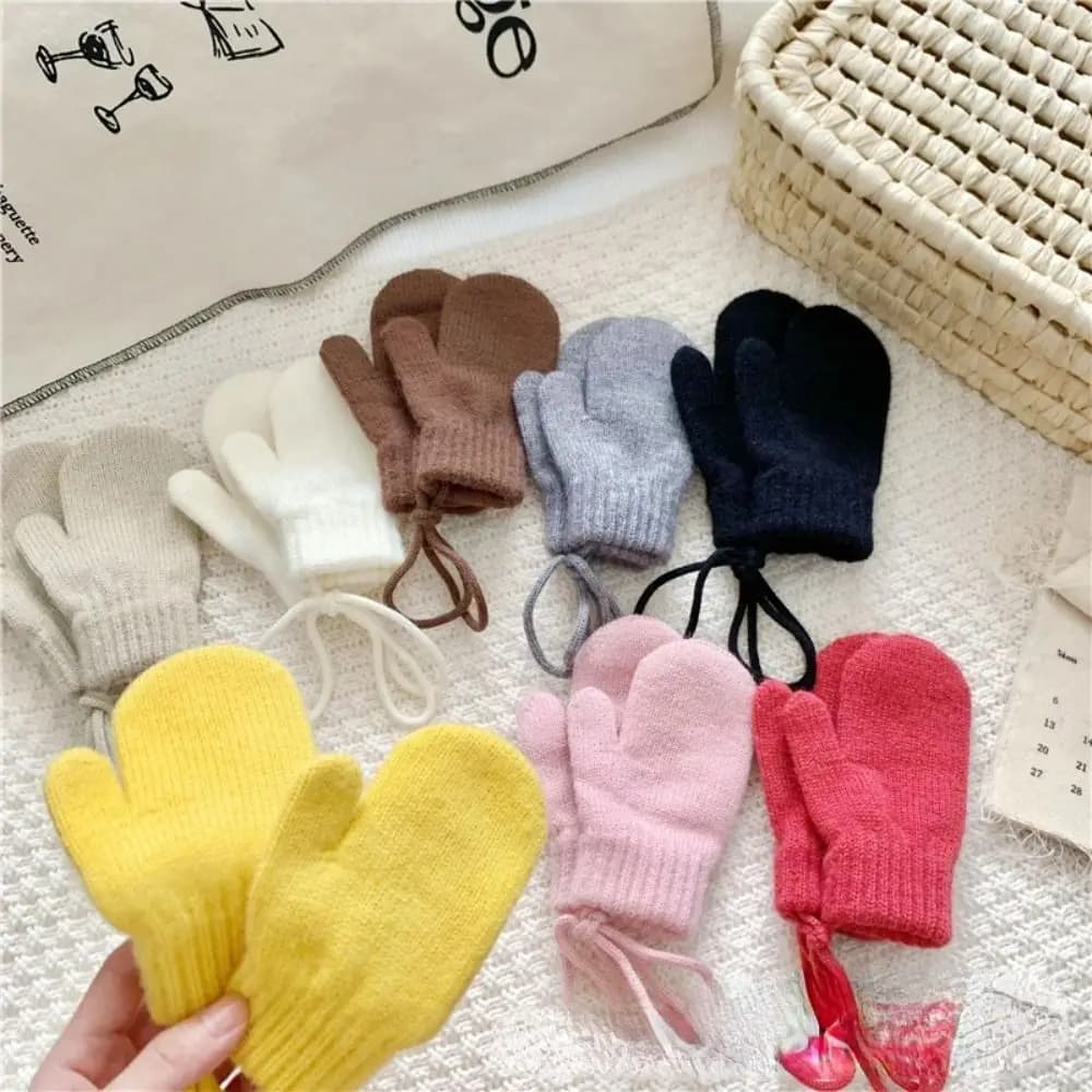 Cute With Lanyard Knitted Gloves 1-3 Years Old Windproof Winter Mittens Warm Coldproof Kids Hanging Neck Gloves