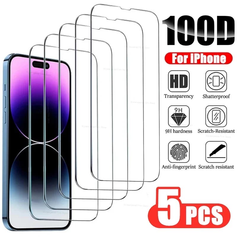 5Pcs Tempered Glass for IPhone 14 13 16 11 Pro Max Screen Protector for IPhone 12 Pro 13Mini 7 8 15 Plus SE X XS XR 14Pro Glass