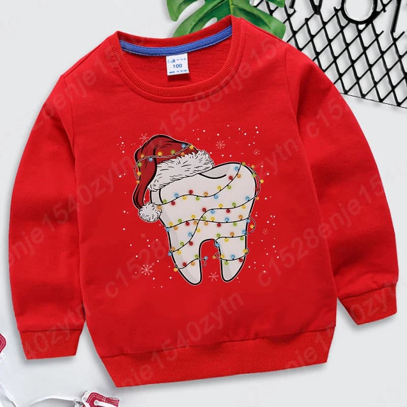 Christmas Teeth Print Crew Neck Sweatshirt, Girls Casual Long Sleeves Tops For Holiday, Kids Girls' Xmas Sweatshirts