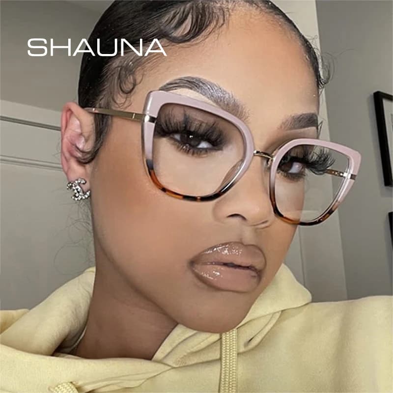 SHAUNA Retro Double Color Women Glasses Frame Fashion Clear Anti-blue Light Eyewear TR90 Metal Cat Eye Men Optical Frames