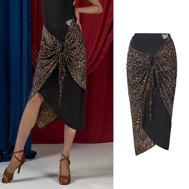 Irregular Black Leopard Latin Dance Skirt Women Rumba Ballroom Dance Clothes Tango Dance Practice Wear Adult Salsa Skirt NV21286