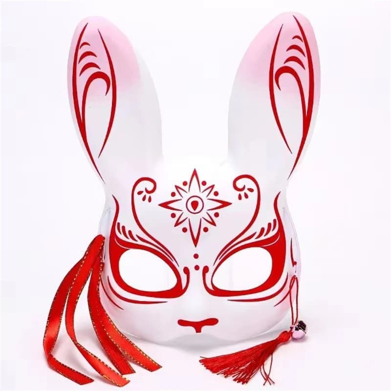 Halloween Fox-Mask Costume Japanese Kabuki-Kitsune-Masks Bunny-Ears Half Face Mask for Halloween Masquerade Costume Prop