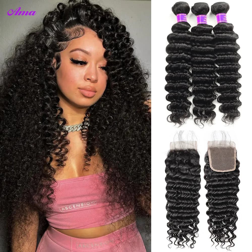 Deep Wave  Bundles With Closure 4x4 inch Brazilian Human Hair Bundles With Closure Free Part 3/4 Bunldes With Closure