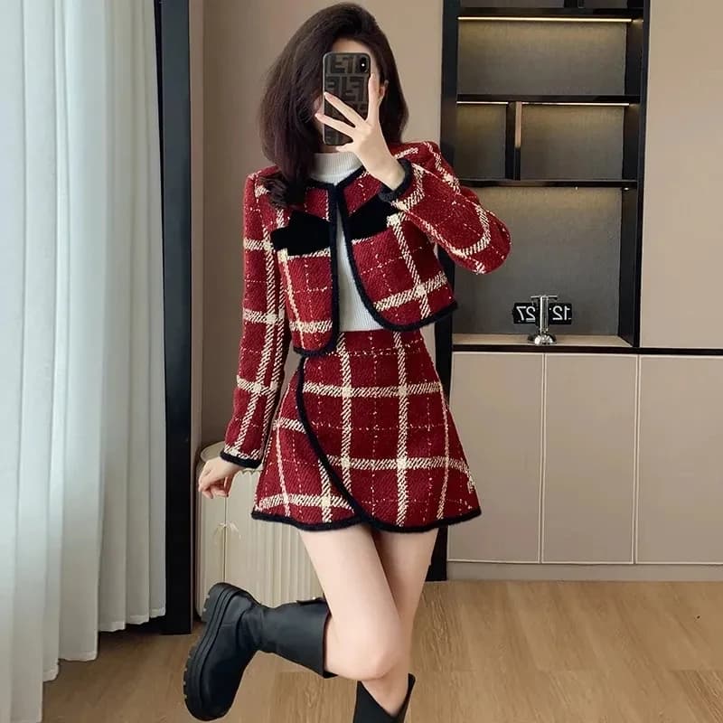 Formal Thicke Plaid Coat+Skirt Women Spring Autumn New Chic Set Women's Fashion Long Sleeve Loose Plaid Skirt Two-Piece Suit
