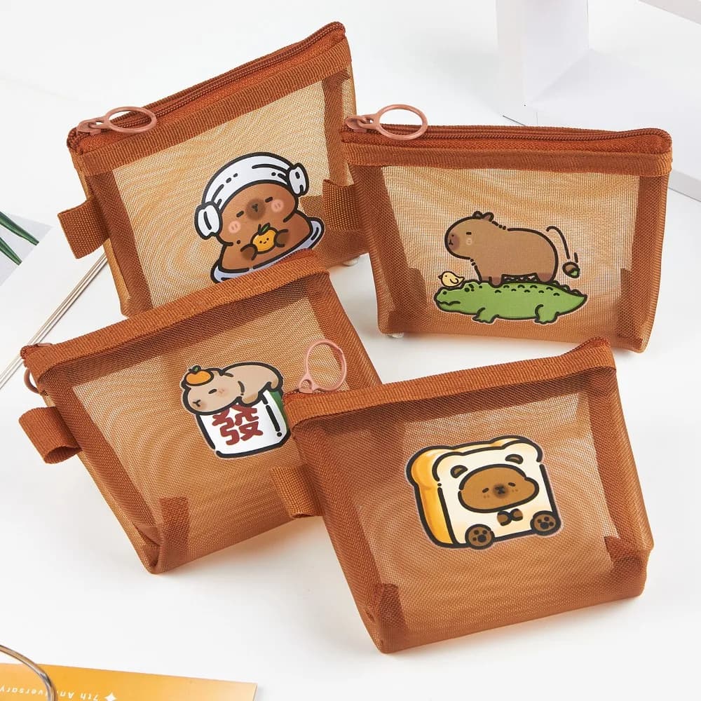3pcs Small Cartoon Capybara Mesh Coin Purse Multifunctional Transparent Mini Cosmetic Bag Storage Korean Style Key Case Girls