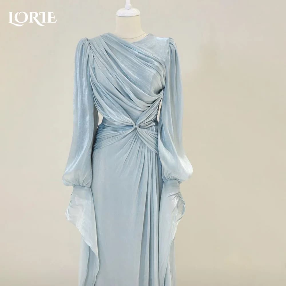 LORIE Modest Crepe Evening Dress Pleats Puff Long Sleeve Floor Length Prom Dresses Ruched Illsion Arabia Party Gowns Customized