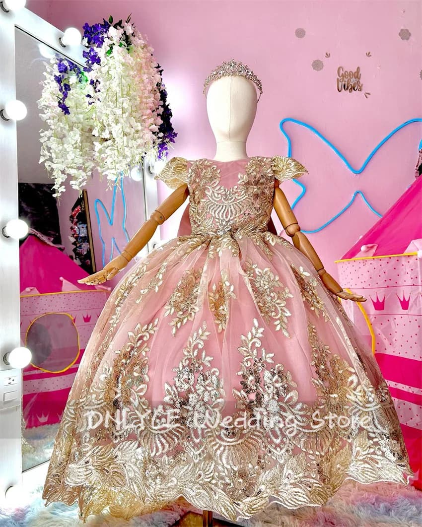 New Design Pink Flower Girls Dress With Bow Beads Sequins Lace Appliques Child Gown For Wedding Birthday Party Ball Gown