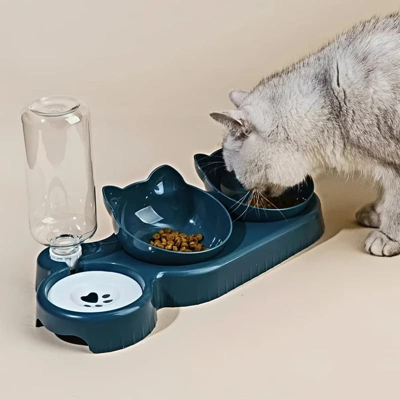 3-In-1 Cat Bowl Set with Tilted Ear Design and Gravity Water Bottle for Neck Protection - Bowls with Water Feeder Cats food bowl