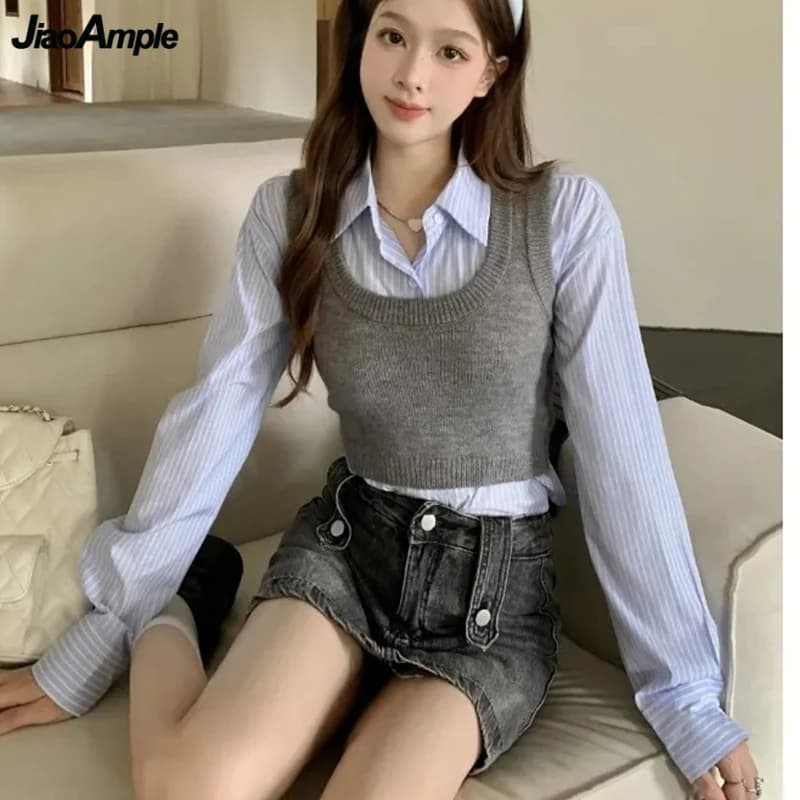 Women Spring Autumn Shirt Knit Vest Two Piece Set 2024 Korean Preppy Style Blue Stipe Blouse Tank Sweater Lady Casaul Joker Tops