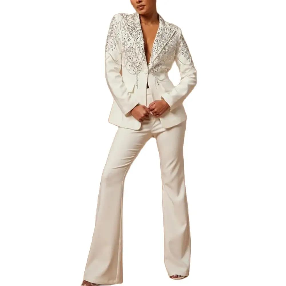 Crystals Beading Suits Women Luxury Single Breasted Jacket Pants 2 Pieces Set Mother Birthday Tuxedo Tailor-made Female Clothing