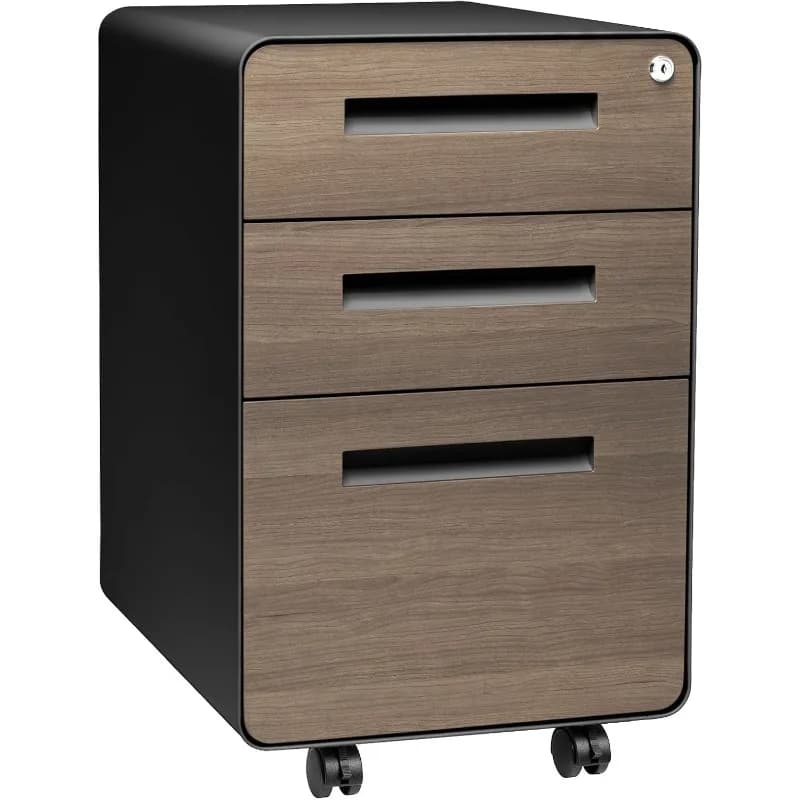 Under Office Desk Metal Filing Cabinet, Legal/Letter File Folders, Wheels and Stationary Feet, Pre-Assembled, Black/Wood