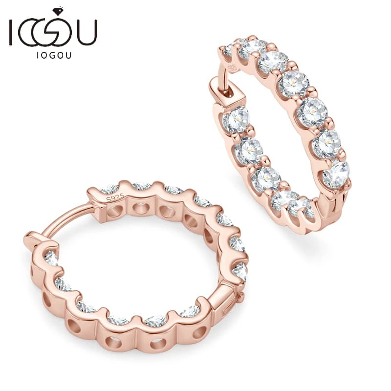 IOGOU Rose Gold Hoops Real 100% 925 Sterling Silver Earrings 3mm D Color Moissanite Women Sparkling Fine Jewelry Trend Wedding