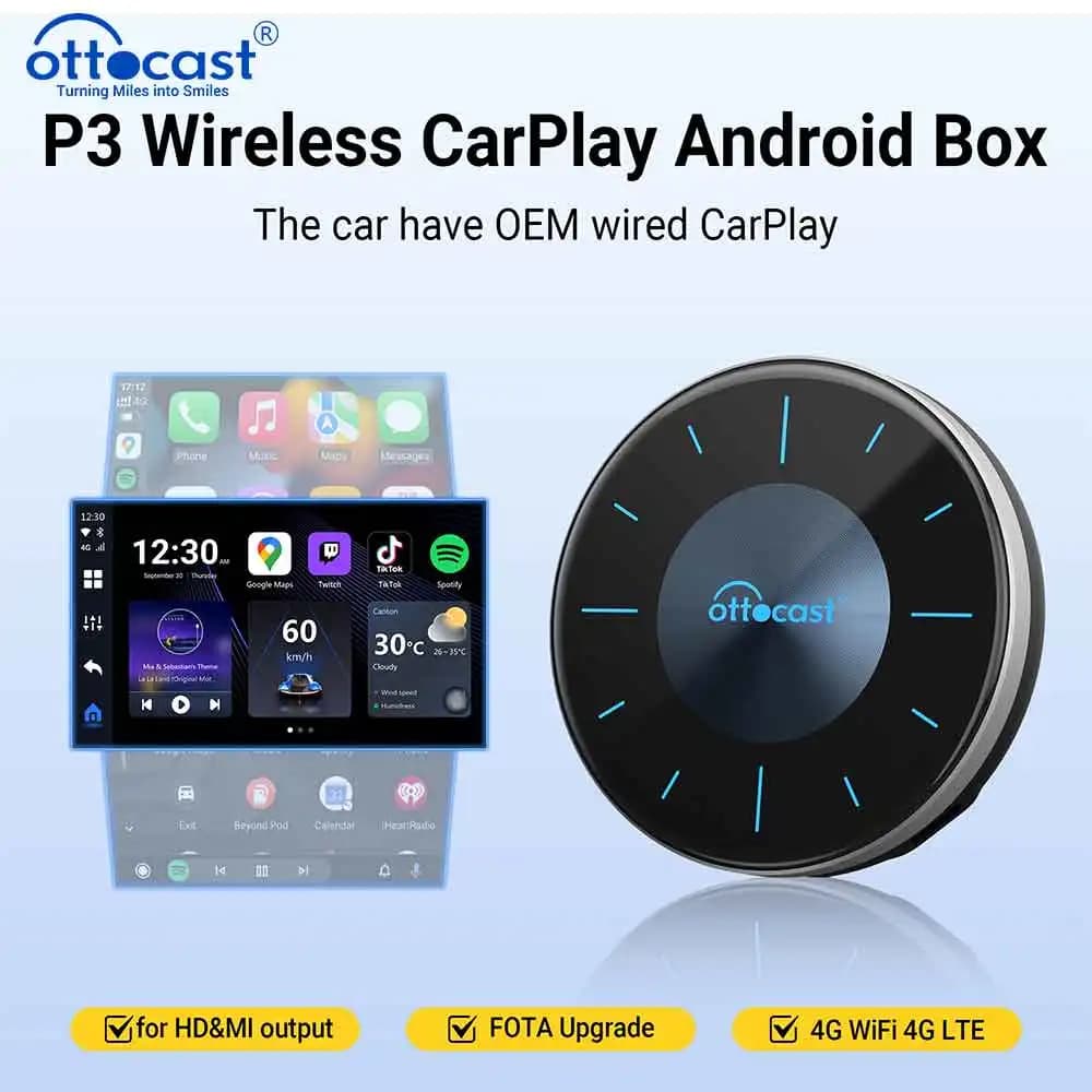 OTTOCAST P3 OttoAibox CarPlay AI Box Wireless Android Auto Smart TV Box Car Accessories for Benz Audi Kia Hyundai VW Toyota 2024