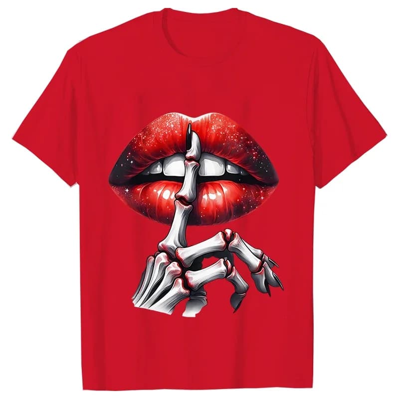Funny Red Lips Skeleton Hand Print Female T-Shirt Casual Short Sleeve Tops Casual Graphic Clothing Streetwear Ladies Y2k Clothes
