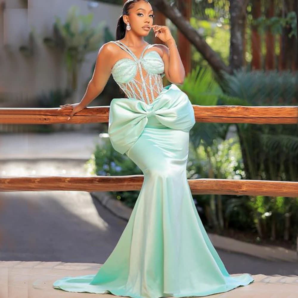 New Mermaid Evening Dresses Sweet Heart Sweep Train Sequined Beads Illusion Big Bow Engagement Party Celebrity Dress Customized