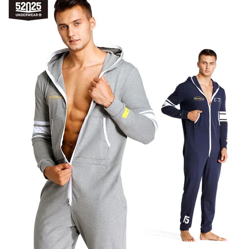 52025 Men’s Hooded Jumpsuit – One-Piece Cotton Pajamas, Comfortable Hooded Lounge Onesie for Men. Relax in Style and Comfort
