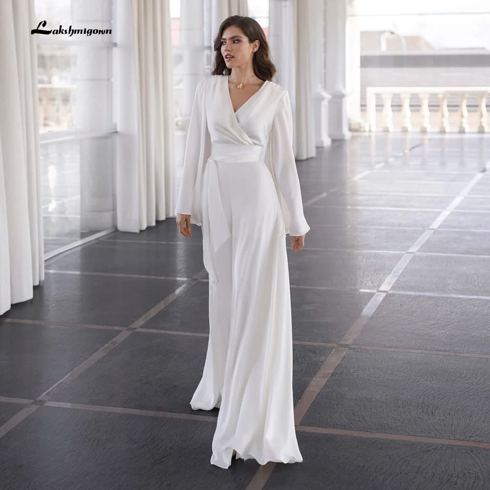 White Wedding Dresses Summer Bohemian Jumpsuit V Neck Long Sleeves Beach Bridal Gowns Pants Boho Style Robe De Mariée 2023