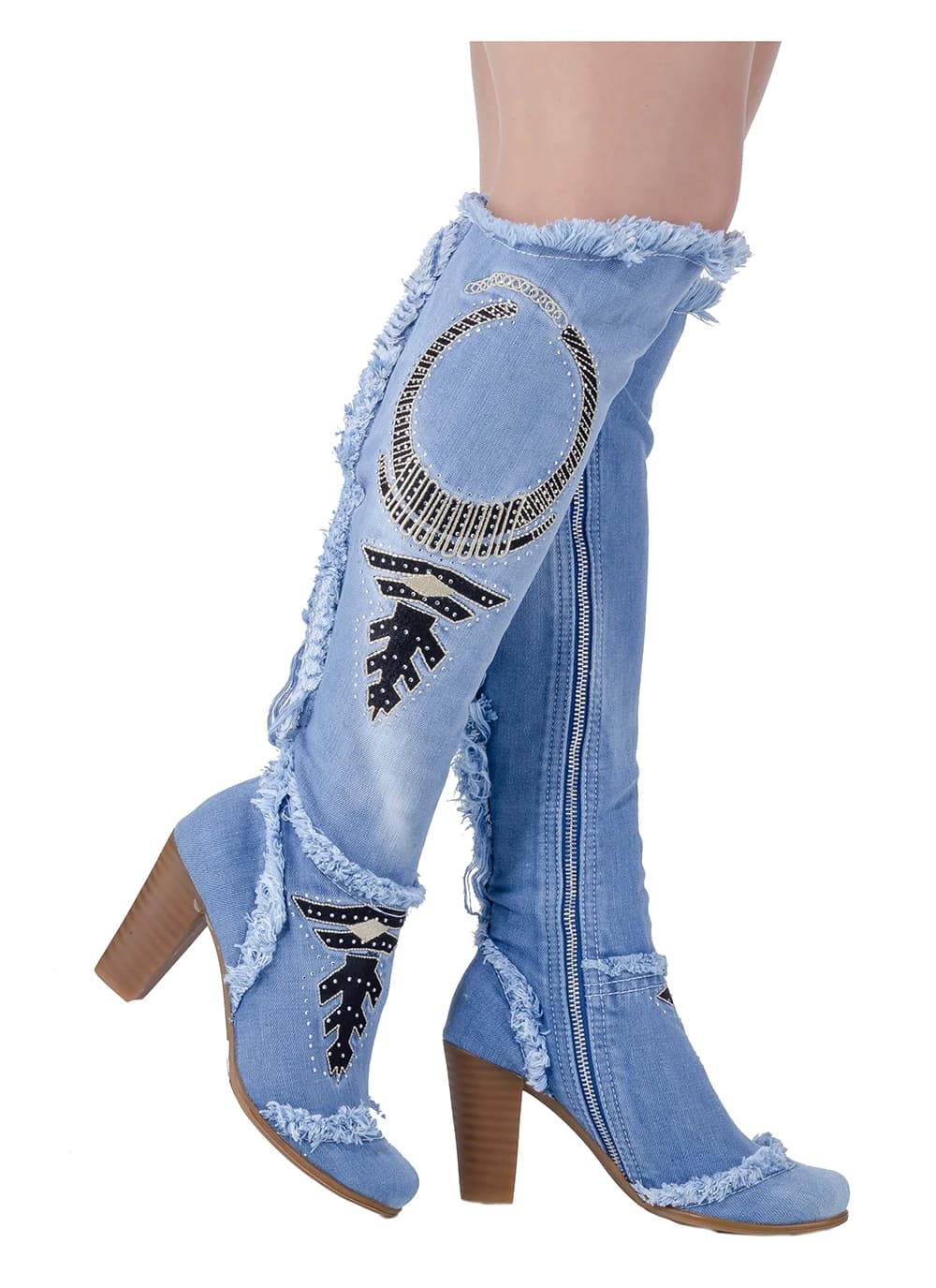 Jeans Boots Handcrafted Sexy Design Blue Pattern Embroidered Jeans Women's Boots Birthday Gift /4029