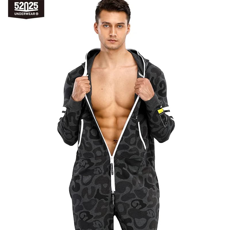 52025 Men's Hooded Camouflage Jumpsuit – One-Piece Cotton Pajamas, Cozy Homewear Lounge Onesie, Stylish Hooded Pajama Set
