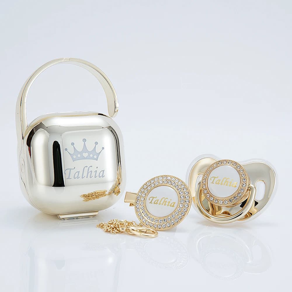 MIYOCAR personalized any name  gold bling pacifier and clip pacifier box set BPA free dummy Luxury