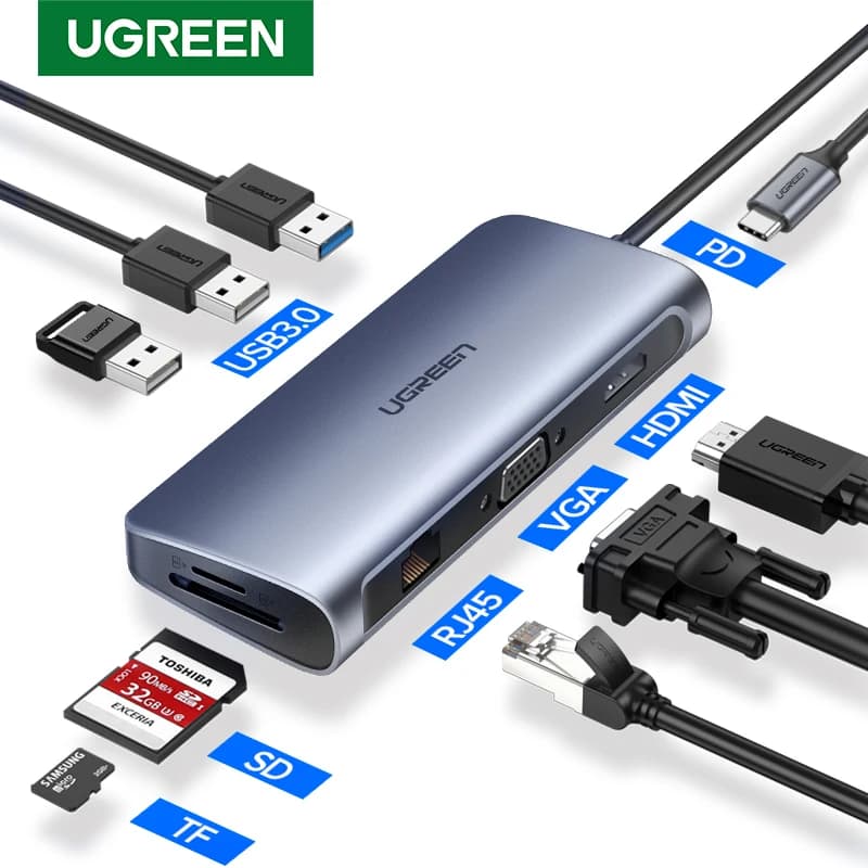 UGREEN USB-C HUB 9-in-1 Type-C to 4K HDMI 1080P VGA RJ45 PD100W SD&TF USB3.0 Adapter for Laptop MacBook Splitter Docking Station