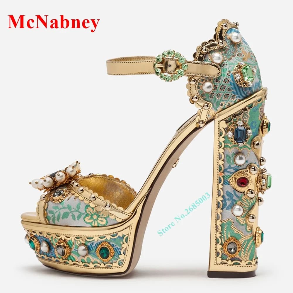 Peep Toe Rhinestone Chunky Heel Sandals Ankle Buckle Straps Platform Crystal Pearl Decor Sandal Women Shoe Summer Party Dress