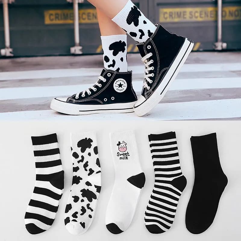 Cow Printed Socks for Women - Japanese Style Harajuku Design in Striped and Solid Patterns - Breathable and Casual Cotton Material - New Arrival