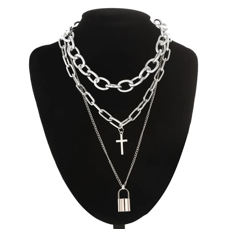 Vintage Punk Chain Necklace with Layered Grunge Aesthetic & Cross Pendant for Women and Men - Lock Choker Chains Goth Accessory