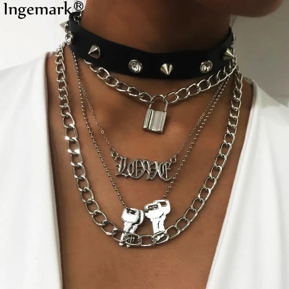 Steampunk PU Leather Padlock Pendant Choker Necklace for Women and Men, Hip Hop Goth Jewelry, Street Punk Key Chain Accessories
