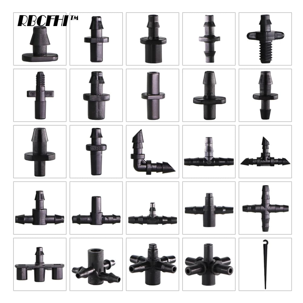 Garden Irrigation Fittings - Barbed Single, Double Tee, Elbow, Drip Arrow, Cross Coupling for 3/5 4/7mm Hose Connections (RBCFHI)