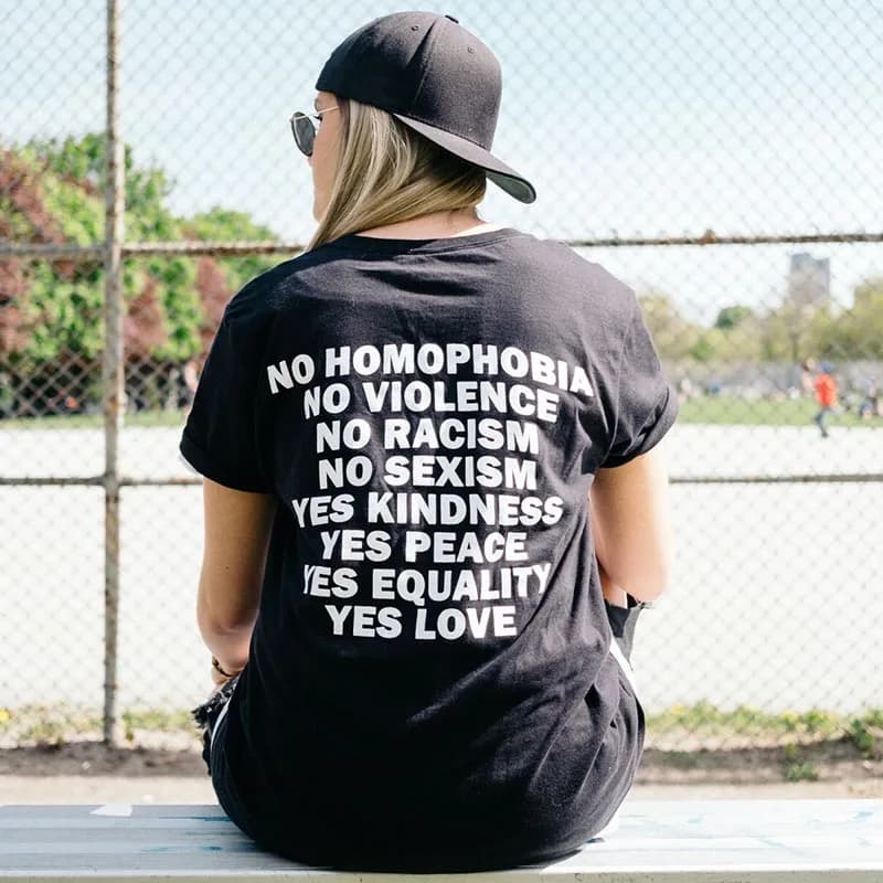 Women's Cotton Leisure T-Shirt: No Place for Homophobia, Sexism, and Racism - Feminist Equality Print on the Back