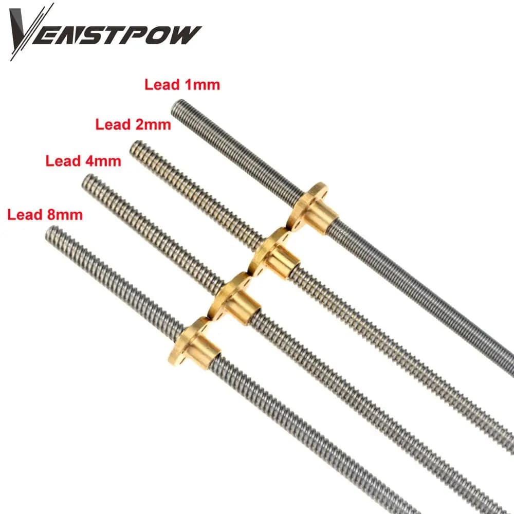 CNC 3D Printer THSL-300-8D Trapezoidal Rod T8 Lead Screw Thread 8mm, 1mm Lead, Length options: 100mm, 200mm, 300mm, 400mm, 500mm, 600mm. Includes Brass Nut
