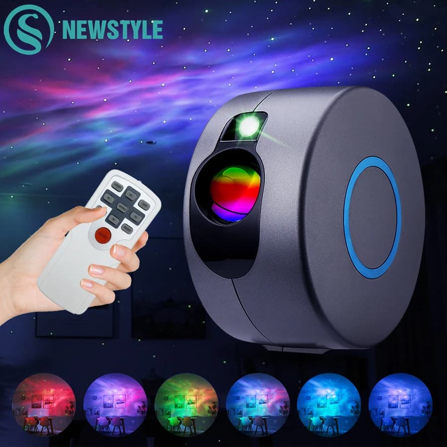 Laser Galaxy Star Projector - Rotating LED Water Wave Night Light with Colorful Nebula Cloud - Bedroom Ambient Lamp