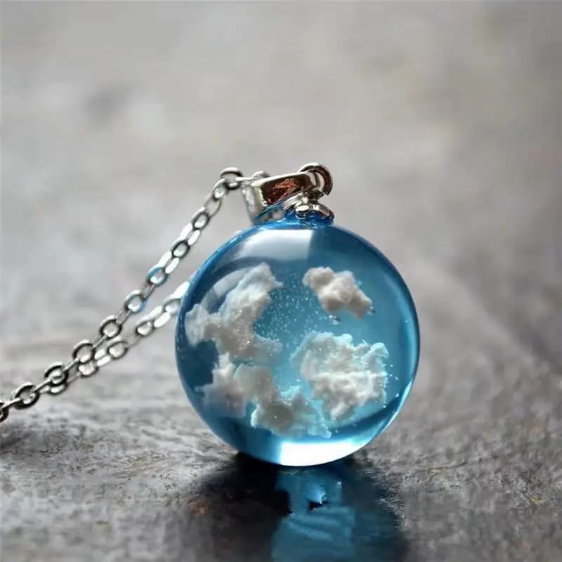 Chic Transparent Resin Moon Pendant Necklace for Women - Blue Sky White Cloud Round Ball Chain - Fashion Jewelry Gifts for Girls