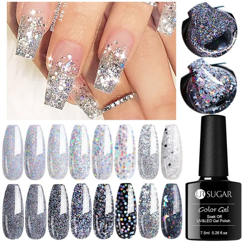 UR SUGAR 7.5ml Laser Silver Series Glitter UV Nail Polish with LED Gel Formula for High-Shine, Long-Lasting Nails Enhanced with Sequins.