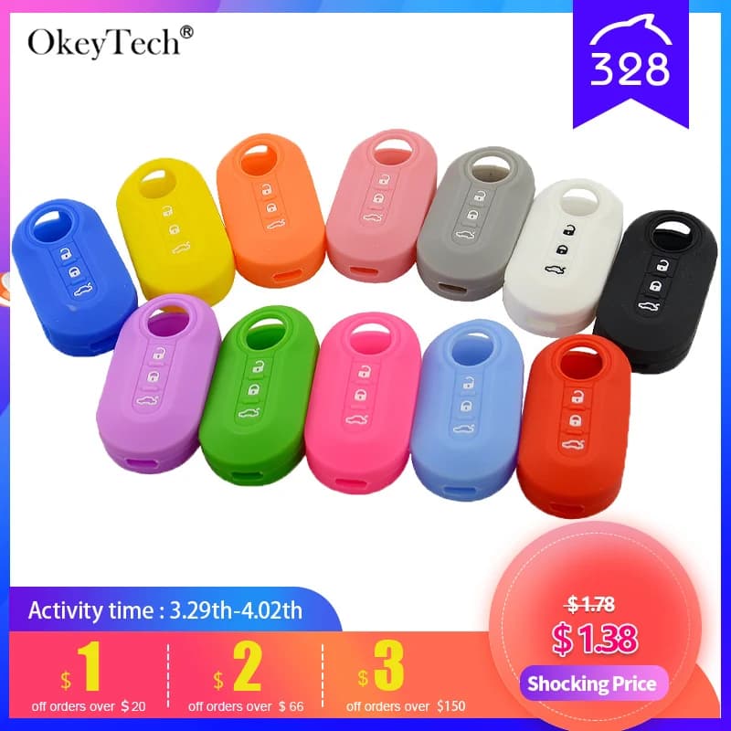 High Quality OkeyTech 3 Buttons Silicone Car Key Case Cover for Fiat 500 Flip Folding Remote Key Shell Fob Protecor