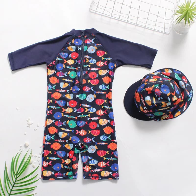 Summer Swimwear for Boys: One-Piece Cartoon Bathing Suit with Cap for Infants, Toddlers, and Children
