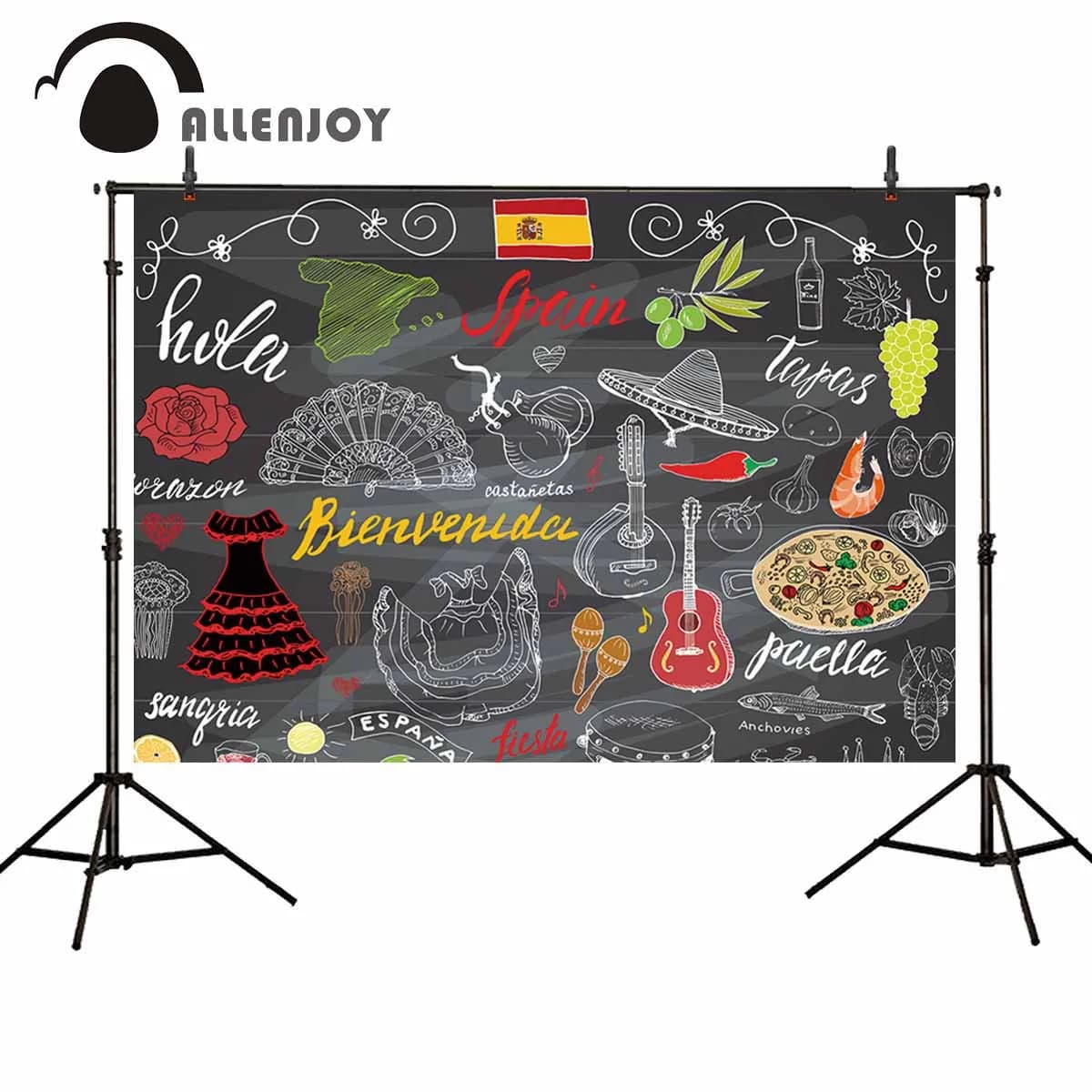 Allenjoy Spain Fiesta Backdrop, Bienvenida Party Banners with Food, Dress, Beer, Guitar, Fruit, Leaves, Flowers, Day of the Dead Wall Decor